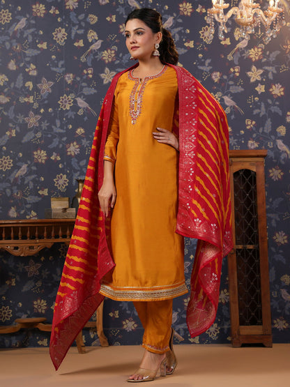Yellow Thread Work Pure Silk Straight Kurta & Trouser With Dupatta - Buy Best Ethnic Wear for Women & Girls | Daily Woman - 
