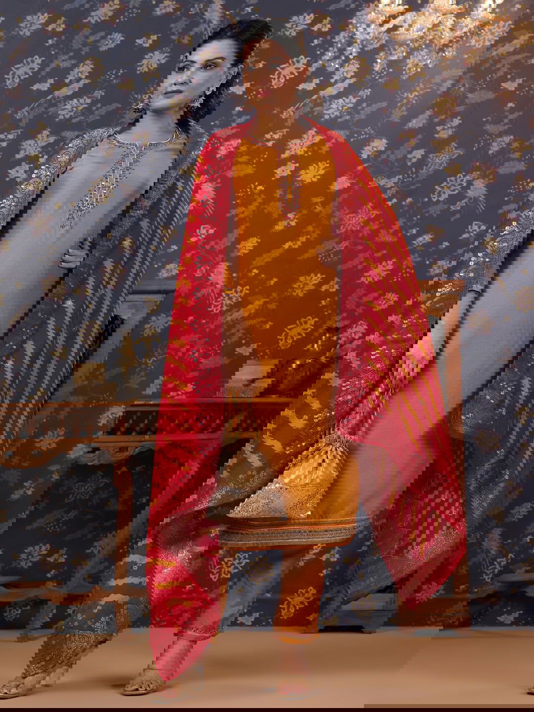 Yellow Thread Work Pure Silk Straight Kurta & Trouser With Dupatta - Buy Best Ethnic Wear for Women & Girls | Daily Woman - 