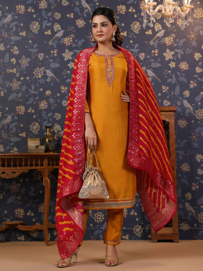 Yellow Thread Work Pure Silk Straight Kurta & Trouser With Dupatta - Buy Best Ethnic Wear for Women & Girls | Daily Woman - 
