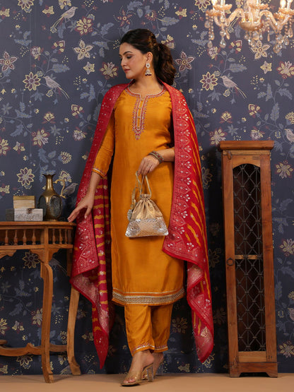 Yellow Thread Work Pure Silk Straight Kurta & Trouser With Dupatta - Buy Best Ethnic Wear for Women & Girls | Daily Woman - 