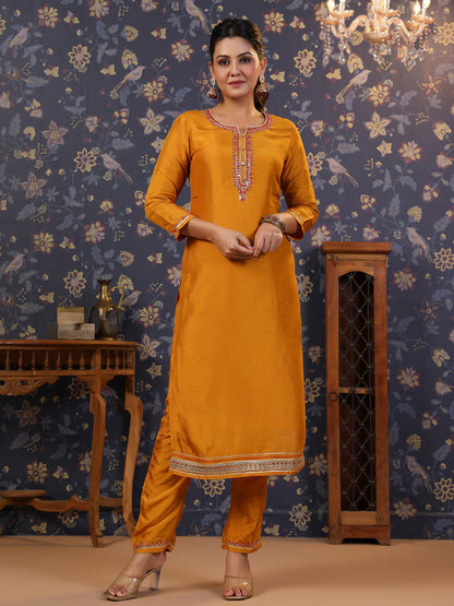 Yellow Thread Work Pure Silk Straight Kurta & Trouser With Dupatta - Buy Best Ethnic Wear for Women & Girls | Daily Woman - 