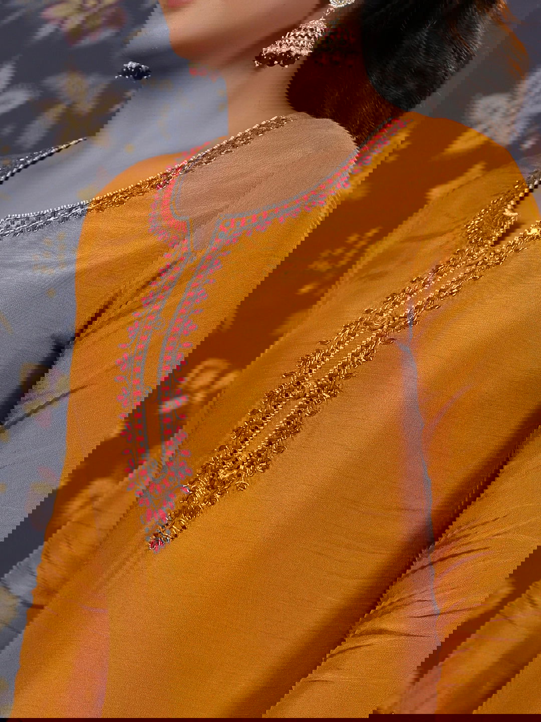 Yellow Thread Work Pure Silk Straight Kurta & Trouser With Dupatta - Buy Best Ethnic Wear for Women & Girls | Daily Woman - 