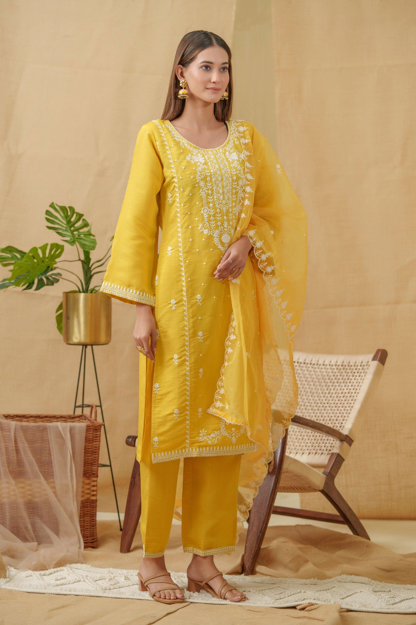 Yellow Woven Design Woven Design Straight Kurta and Trousers With Dupatta - Buy Best Ethnic Wear for Women & Girls | Daily Woman - 