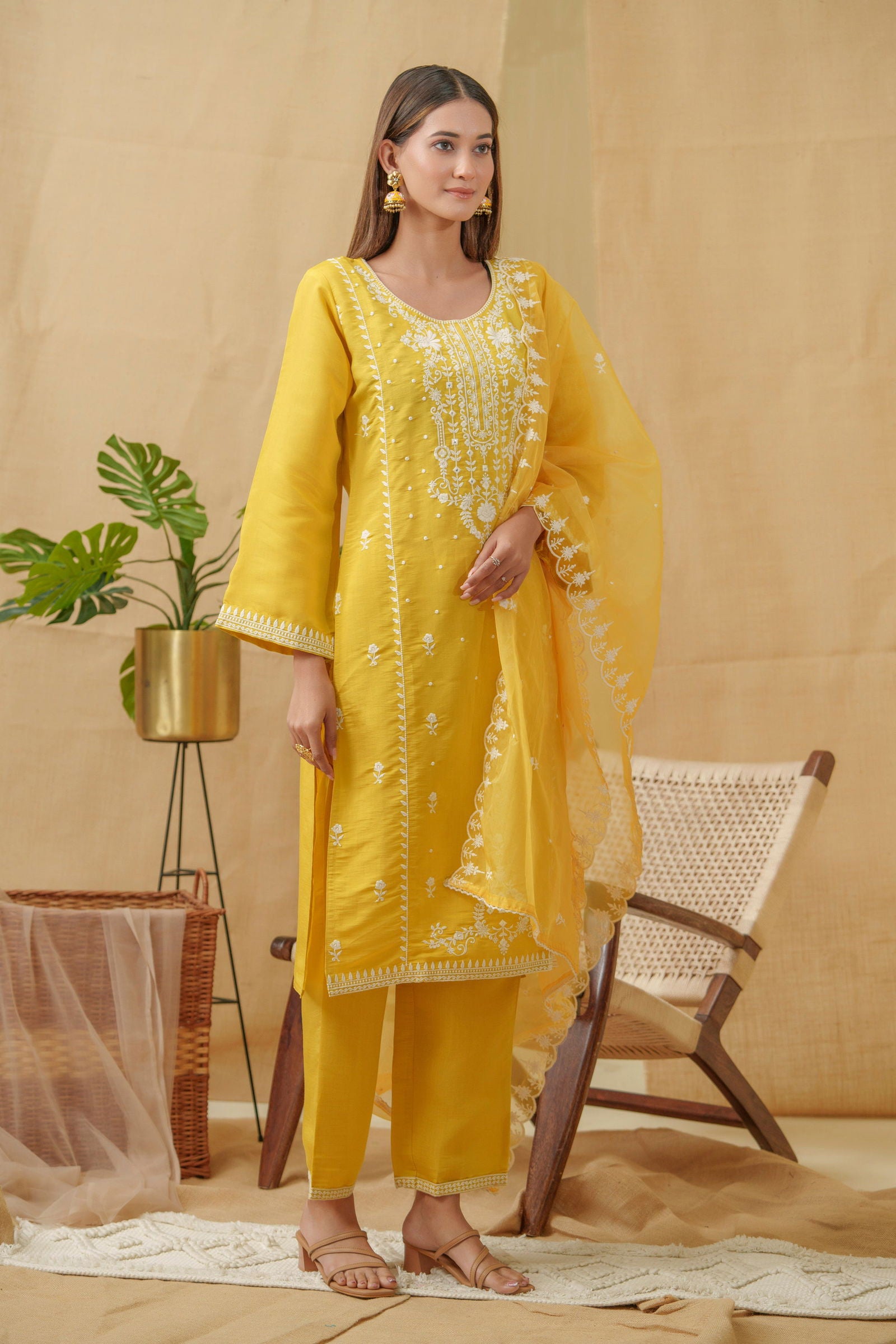 Yellow Woven Design Woven Design Straight Kurta and Trousers With Dupatta - Buy Best Ethnic Wear for Women & Girls | Daily Woman - 