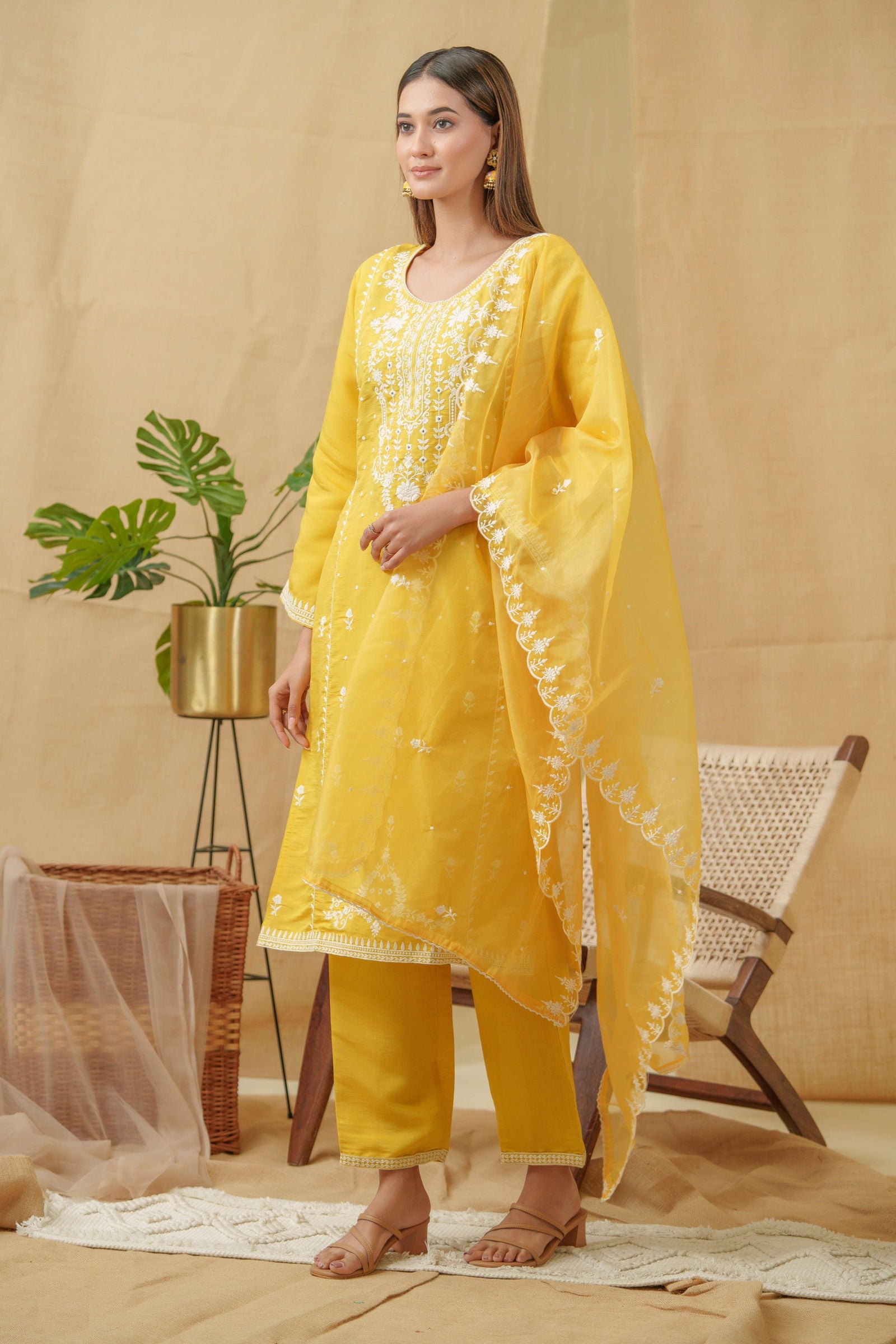 Yellow Woven Design Woven Design Straight Kurta and Trousers With Dupatta - Buy Best Ethnic Wear for Women & Girls | Daily Woman - 