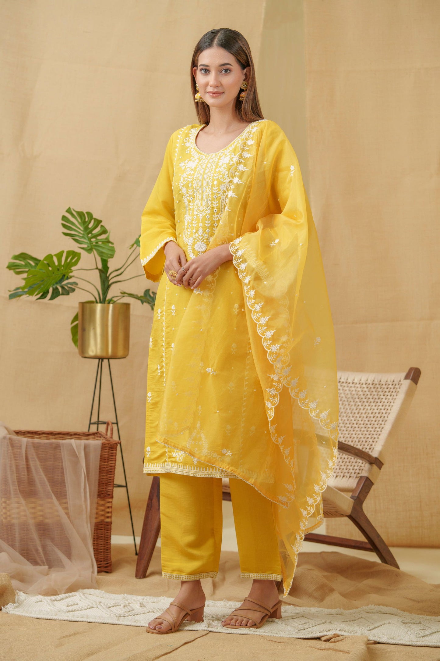 Yellow Woven Design Woven Design Straight Kurta and Trousers With Dupatta - Buy Best Ethnic Wear for Women & Girls | Daily Woman - 