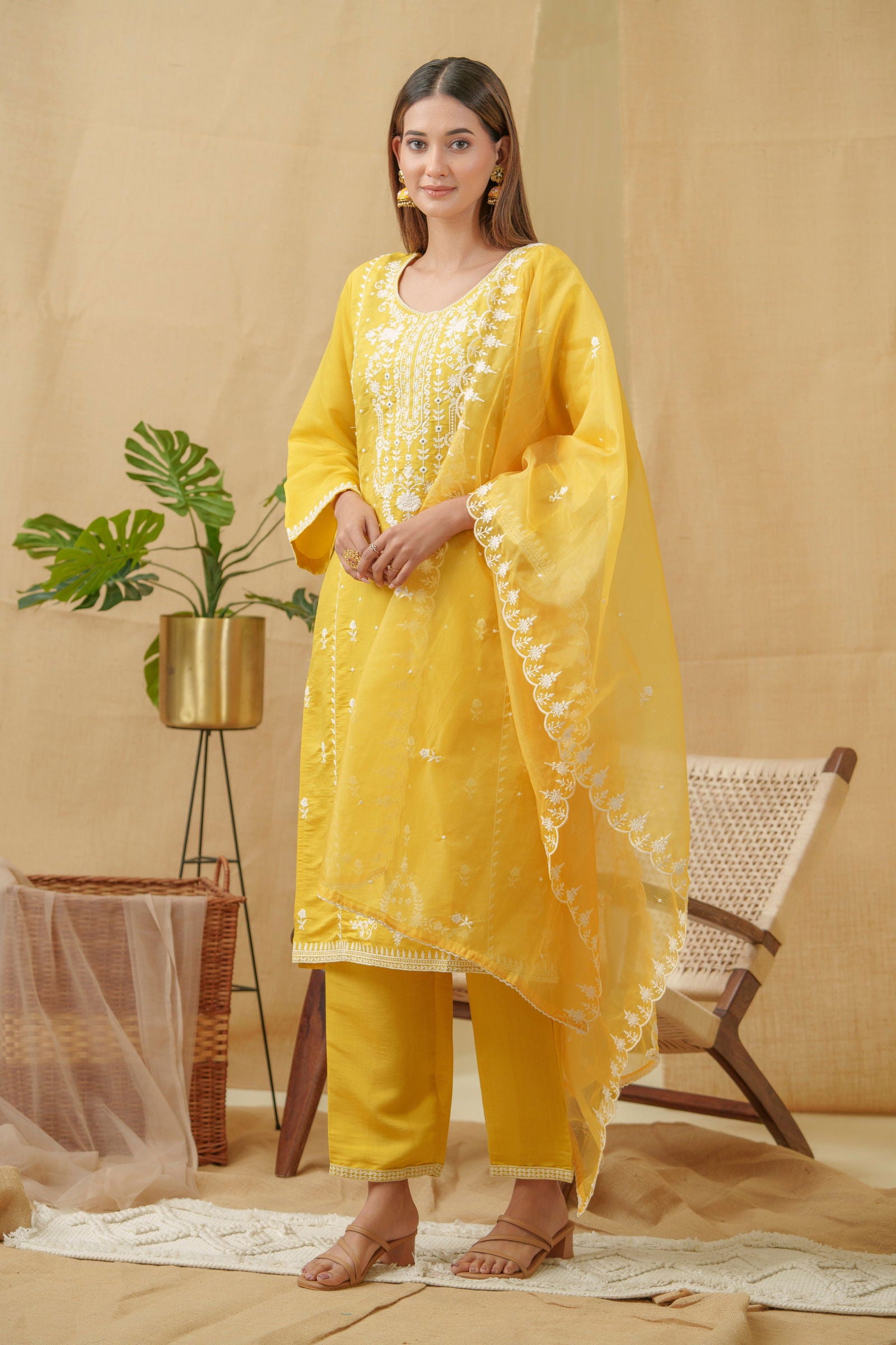 Yellow Woven Design Woven Design Straight Kurta and Trousers With Dupatta - Buy Best Ethnic Wear for Women & Girls | Daily Woman - 