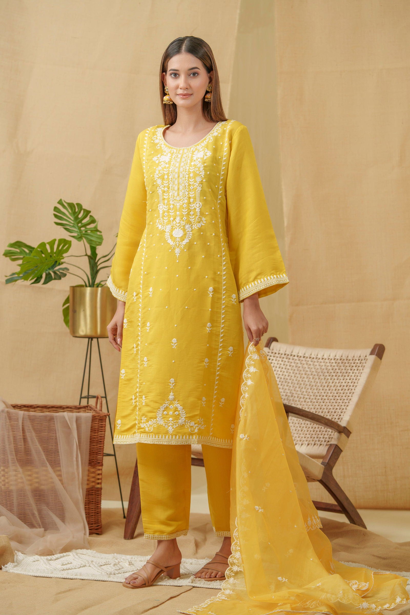 Yellow Woven Design Woven Design Straight Kurta and Trousers With Dupatta - Buy Best Ethnic Wear for Women & Girls | Daily Woman - 