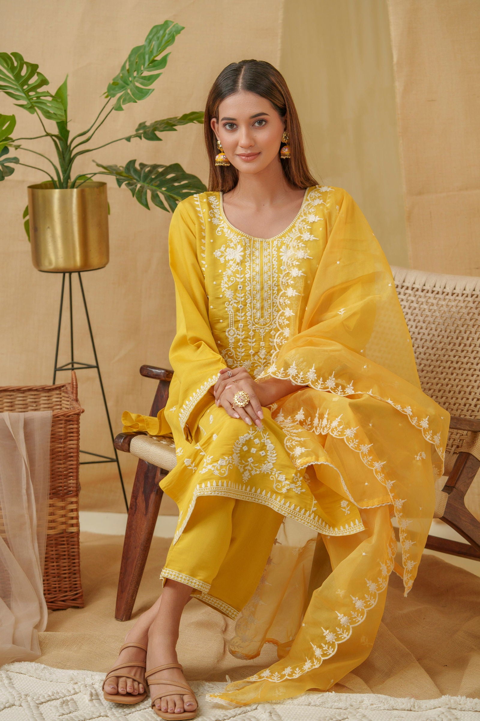 Yellow Woven Design Woven Design Straight Kurta and Trousers With Dupatta - Buy Best Ethnic Wear for Women & Girls | Daily Woman - 
