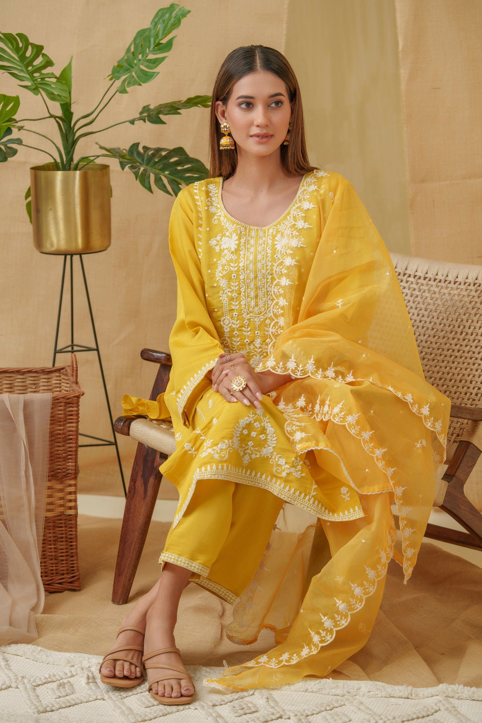 Yellow Woven Design Woven Design Straight Kurta and Trousers With Dupatta - Buy Best Ethnic Wear for Women & Girls | Daily Woman - 
