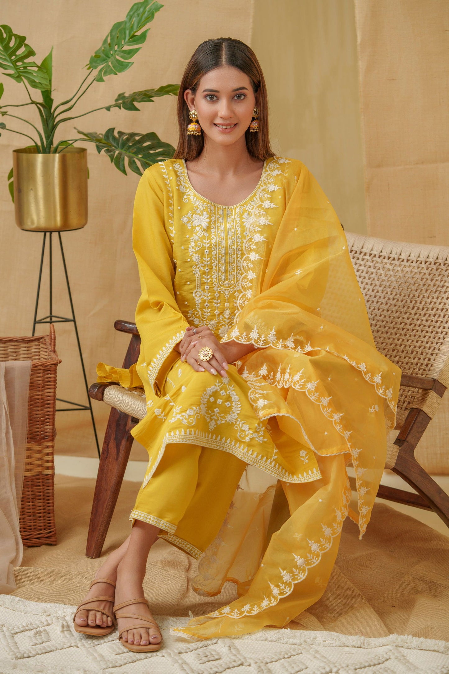 Yellow Woven Design Woven Design Straight Kurta and Trousers With Dupatta - Buy Best Ethnic Wear for Women & Girls | Daily Woman - 