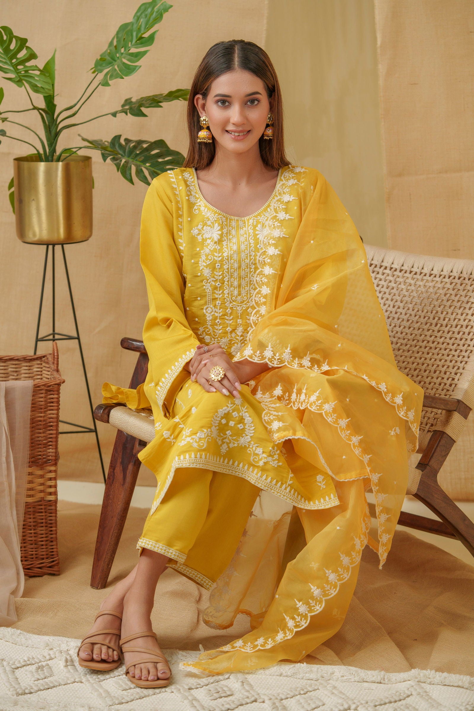 Yellow Woven Design Woven Design Straight Kurta and Trousers With Dupatta - Buy Best Ethnic Wear for Women & Girls | Daily Woman - 