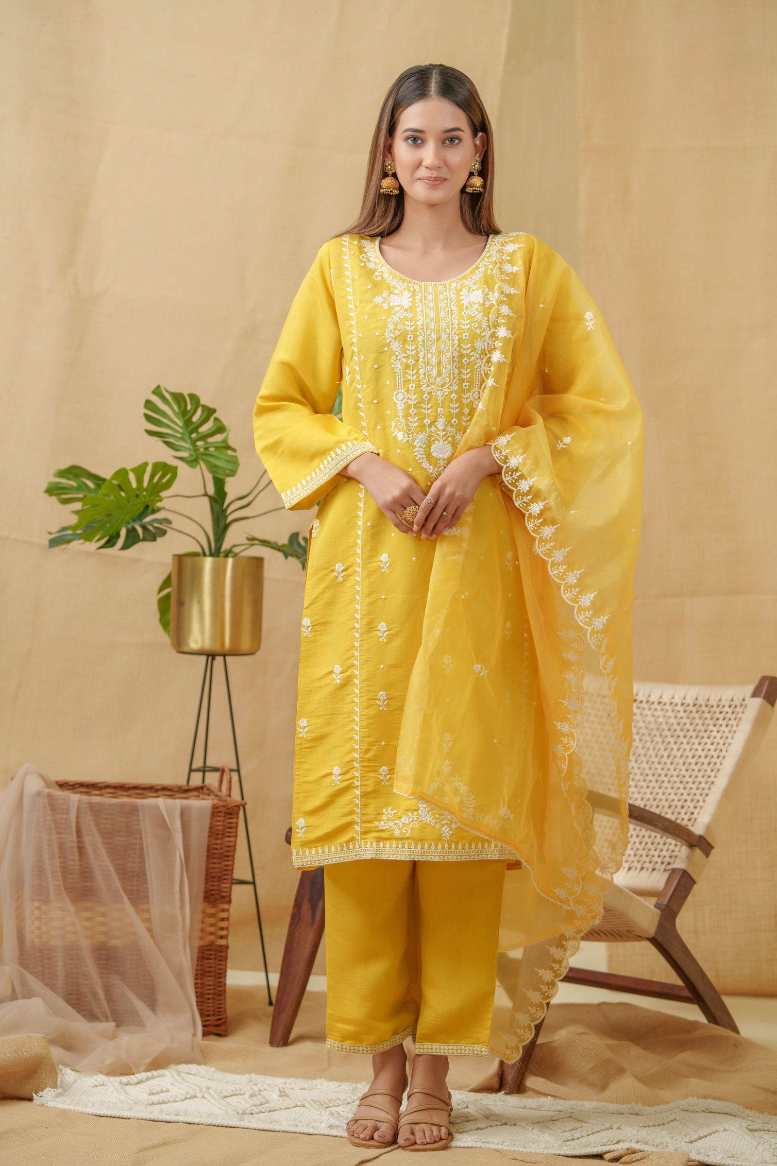 Yellow Woven Design Woven Design Straight Kurta and Trousers With Dupatta - Buy Best Ethnic Wear for Women & Girls | Daily Woman - 
