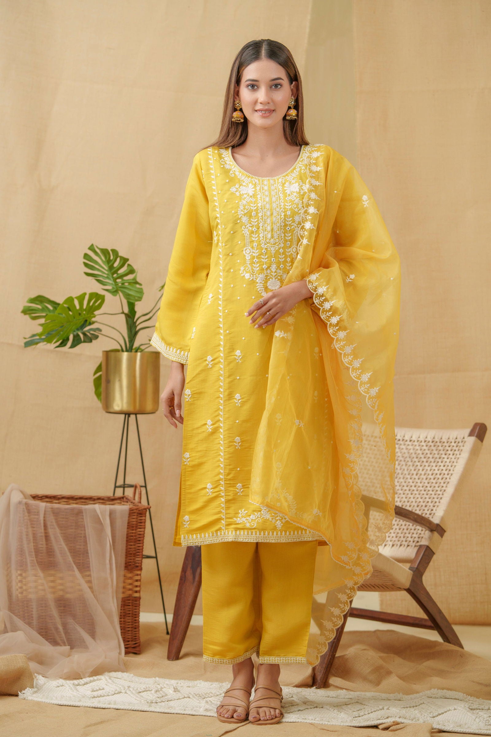Yellow Woven Design Woven Design Straight Kurta and Trousers With Dupatta - Buy Best Ethnic Wear for Women & Girls | Daily Woman - 