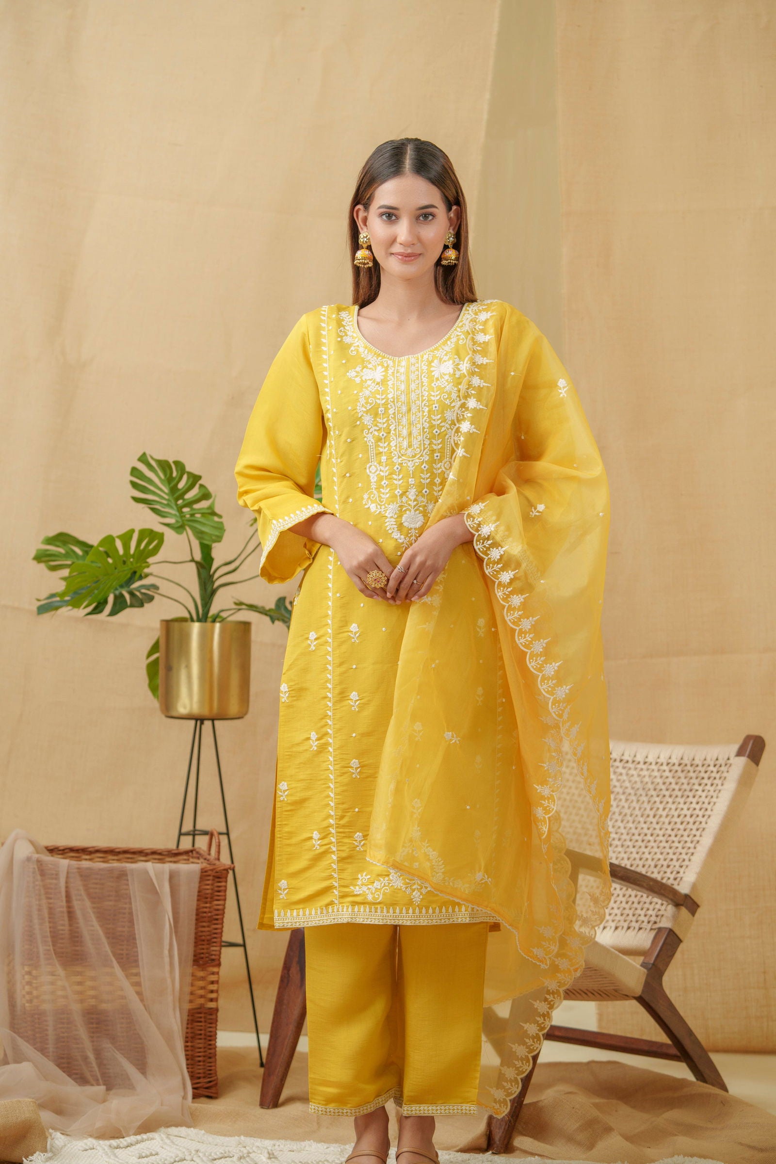 Yellow Woven Design Woven Design Straight Kurta and Trousers With Dupatta - Buy Best Ethnic Wear for Women & Girls | Daily Woman - 
