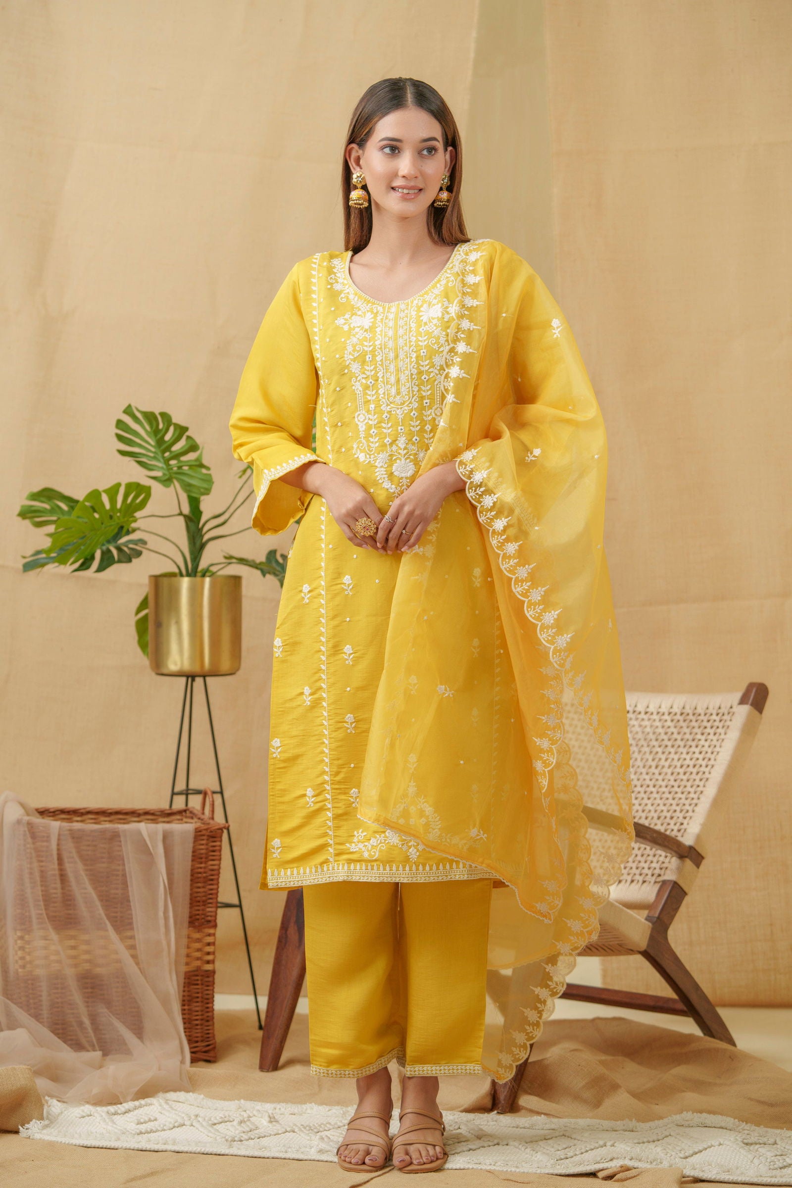 Yellow Woven Design Woven Design Straight Kurta and Trousers With Dupatta - Buy Best Ethnic Wear for Women & Girls | Daily Woman - 