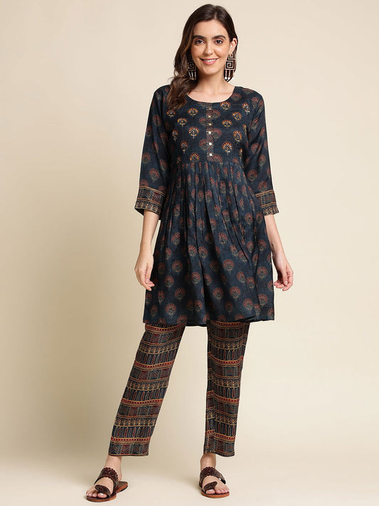 You  Navy Blue Printed Tunic  With Trousers - Buy Best Ethnic Wear for Women & Girls | Daily Woman - 