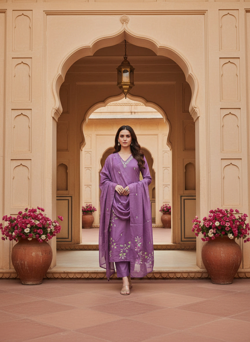 Embroidered Chinon V-Neck Kurta Trousers & Dupatta