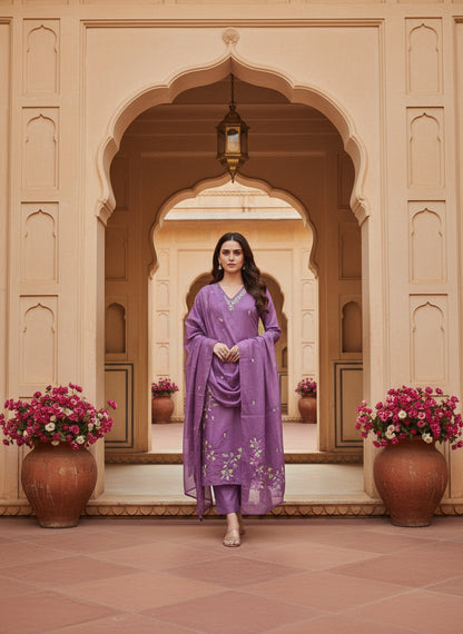 Embroidered Chinon V-Neck Kurta Trousers & Dupatta