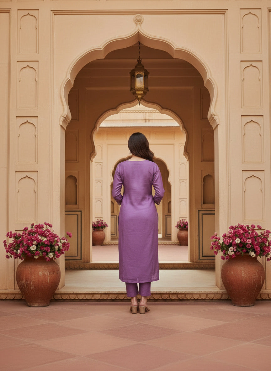 Embroidered Chinon V-Neck Kurta Trousers & Dupatta