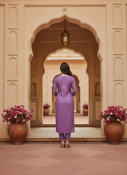 Embroidered Chinon V-Neck Kurta Trousers & Dupatta