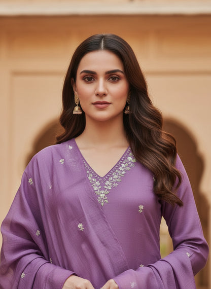 Embroidered Chinon V-Neck Kurta Trousers & Dupatta