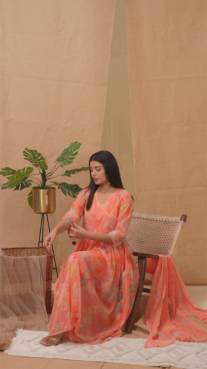 Orange Floral Printed Angrakha A-Line Kurta With Palazzos & Dupatta