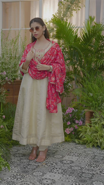 White Embroidered Neckline A line Kurta with Trouser and Red Printed Dupatta