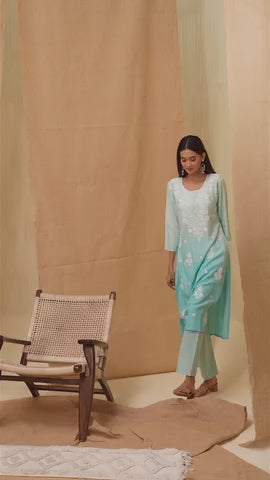 Sea-Blue Ethnic Motifs Embroidered Straight Calf Length Kurta