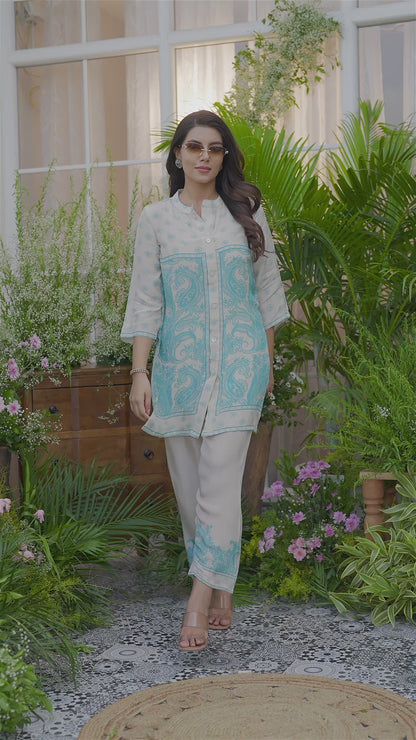 Women Off-White & Aqua Blue Printed Co-ords in Natural Crepe with Handwork & Tassel Detailing