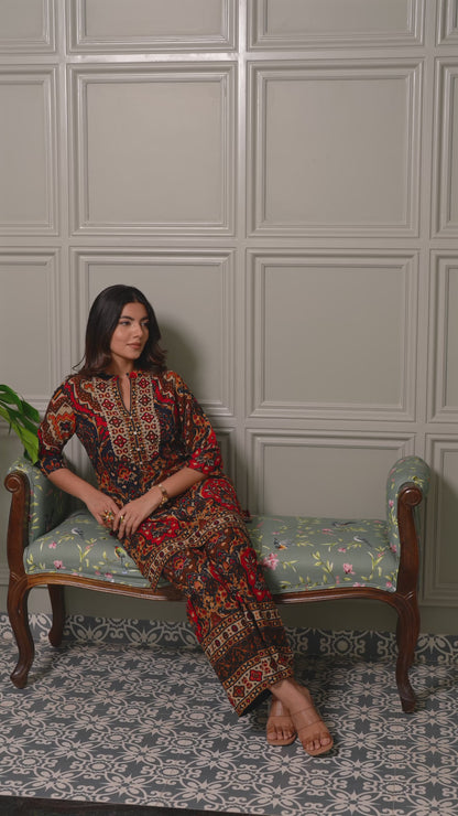 Ajrak Printed with embroidered Top with Palazzos Co-Ords