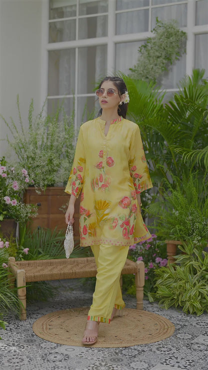 Women's Yellow Ethnic Co-ord Set – Floral Kurta with Pants