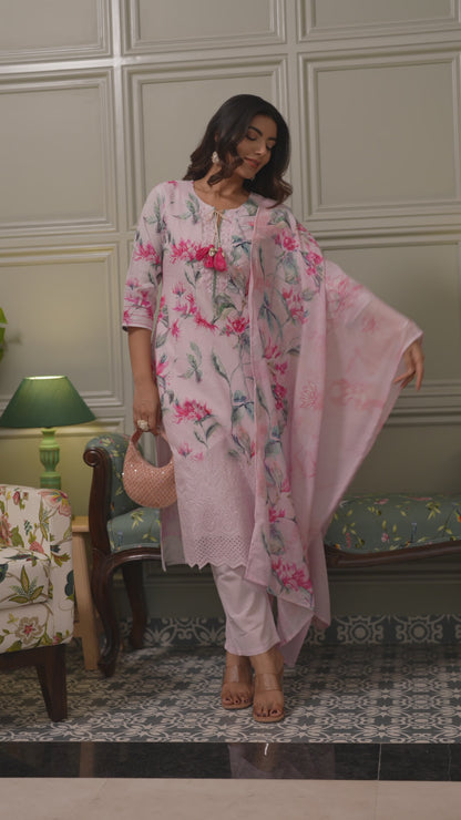 Women Floral Printed Cotton Kurta with Trousers & Dupatta