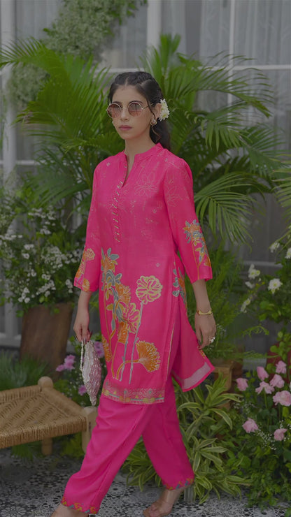 Pink Floral Printed Co-ord Set with Embellished Kurta & Straight Pants