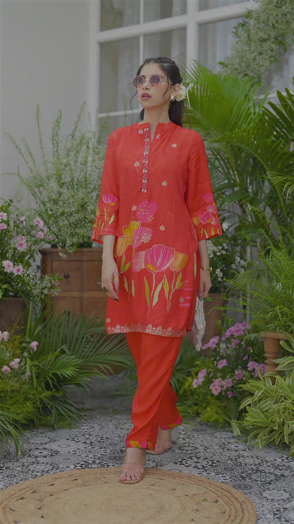Red Floral Printed Co-ord Set with Embellished Kurta & Straight Pants