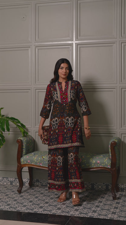 Printed Mandarin Collar Neck Top With Palazzos Co-Ords