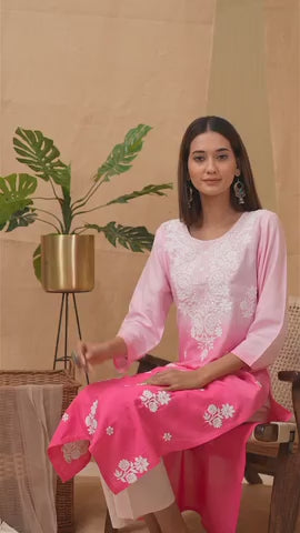 Pink-White Ethnic Motifs Embroidered Straight Calf Length Kurta