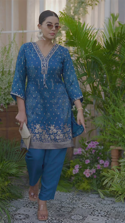 Teal Blue Handwork Jacquard Luxe Co-Ord Set