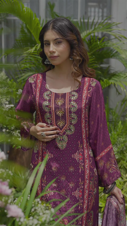 Purple Crepe Embroidered Pakistani Style Kurta Set with Dupatta – Mirror & Shell Work