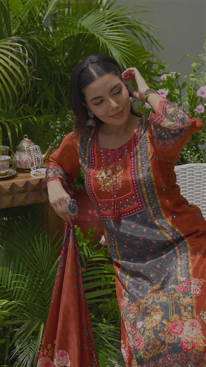 Rust Pakistani Hand & Mirror Work Kurta with Pant and Matching Dupatta