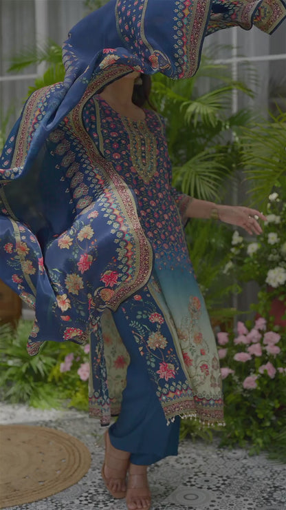 Navy Blue Pakistani 3-Piece Suit with Hand & Mirror Work Festive Ethnic Wear for Women