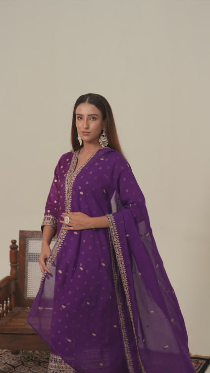 Glass Silk Purple Color Woven Design Kurta With Trousers & Dupatta