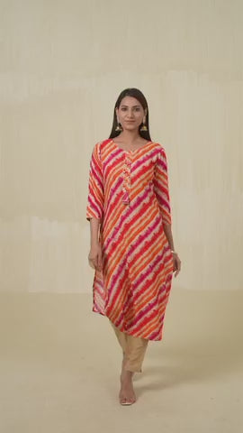 Leheriya Printed Round Neck Gotta Patti Straight Kurta