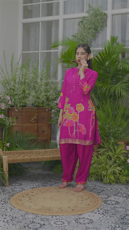 Violet Floral Printed Co-ord Set with Embellished Kurta & Straight Pants