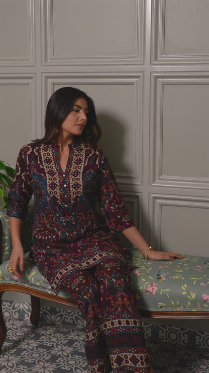 Ajrak Printed Mandarin Collar Neck Top With Trousers Co-Ords