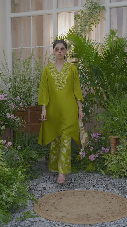 Lime Green Kurta with Gold Embroidery & Jacquard Palazzo Pants
