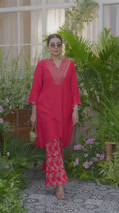 Red Kurta with Gold Embroidery & Jacquard Palazzo Pants