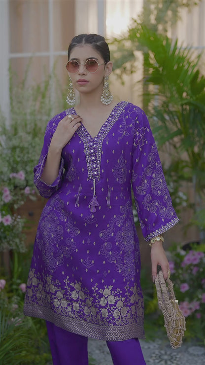 Embroidered Violet Jacquard Co-Ord Set