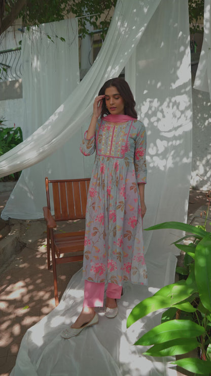 Floral Printed Thread Work Pure Cotton A-Line Kurta With Trouser & Dupatta