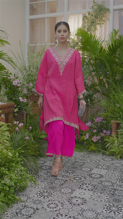 Pink V-Neck Handwork with Sequence Touch Co-Ord Set